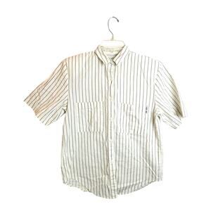 Vtg Cherokee Ivory Gray Striped Pockets Button‎ Down Shirt Women's Size Medium